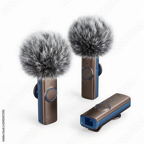 Wireless lavalier microphone system with furry windshields isolated on white background