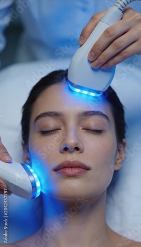 Serene young woman receiving dual blue LED light therapy facial treatment with handheld devices held by therapist hands, eyes closed, calming cool glow on skin, spa wellness beauty concept, vertical