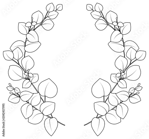 Open Eucalyptus Wreath Frame, Botanical Line Art Border, Hand Drawn Floral Laurel

