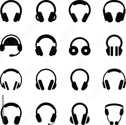 Collection of black headphone on white background headphones