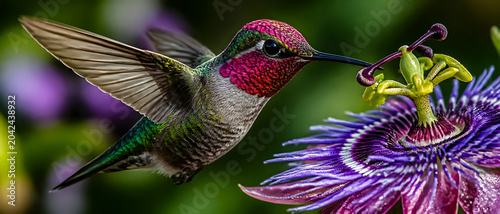 Ruby-throated hummingbird hovering beside a vibrant passion flower, captured in stunning macro detail with iridescent feathers, sharp focus, and a colorful natural garden background.