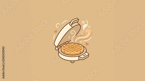 Konstfotografi Cute Vector Illustration of a Waffle Maker with a Freshly Cooked Waffle and Stea