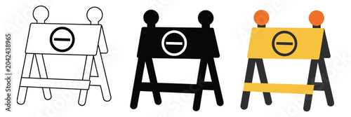 Fotografía Construction barrier vector set featuring outline black silhouettes and yellow isometric warning blockade icons for safety and site control
