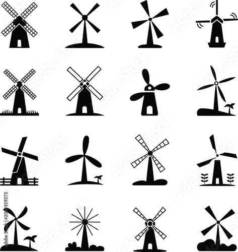 Collection of black windmill on white background silhouette
