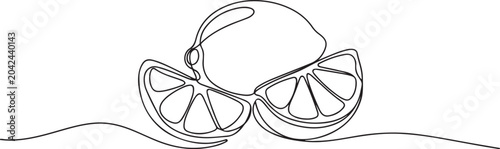 Foto Single continuous line drawing of whole and sliced healthy organic lemon for orchard logo identity