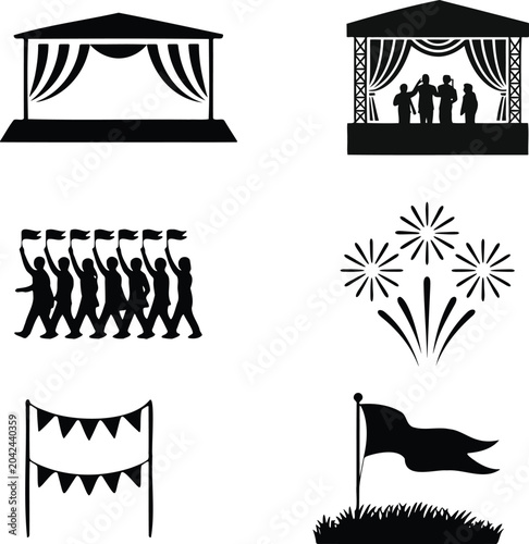 Stage with Performers and Decorations for Celebration Featuring Fireworks, Flags, Banners with Party and Event Elements for Theater, Curtain