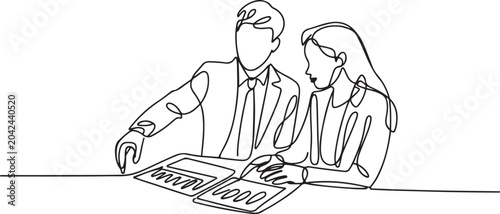 Photos Single continuous line drawing of young couple male and female employees discussing new strategy plan to write annual report