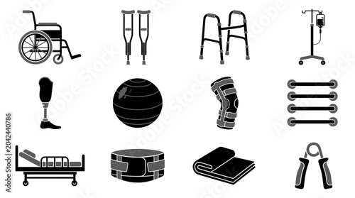 Bild auf Leinwand Medical Rehabilitation and Mobility Equipment Icon Set