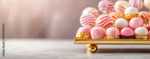 Close-up of vibrant egg-shaped candies and lollipops on a golden tiered stand, right-aligned with bokeh copy space, perfect for festive sweet celebrations. candy, party