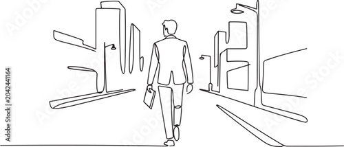 Billede på lærred Continuous one line drawing back view of young male manager walking relax on city street to go to the office while holding document