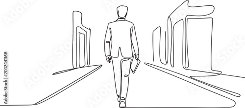 Quadro su tela Continuous one line drawing back view of young male manager walking relax on city street to go to the office while holding document