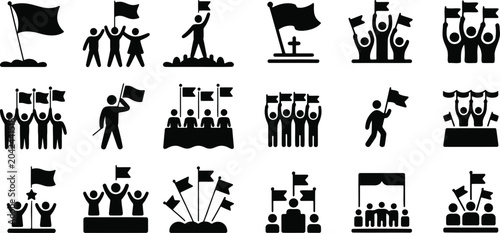 Flag Organizer Icons Set, Black Silhouette People Holding Banners and Flags in Festive Patriotic Scenes