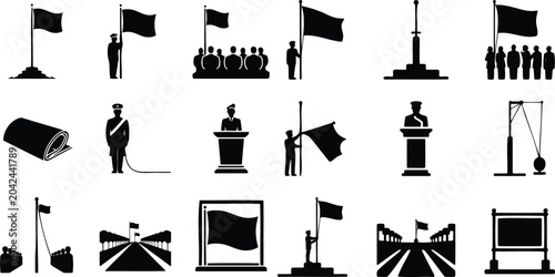 Cuadro en lienzo Flag Set of Black and White Vector Icons with Poles, Podiums, People Silhouettes