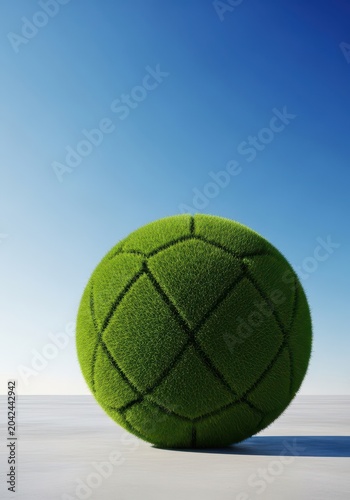 A perfectly geometrical sphere covered in lush, vibrant green grass rests outdoors, symbolizing nature and precise order, turf, abstract, plant