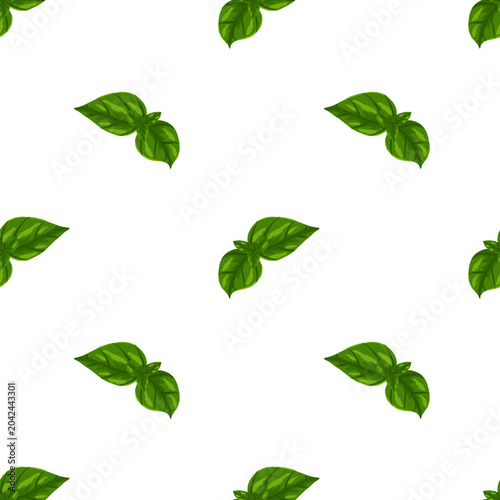 Green leaves seamless pattern vector hand drawn illustration. Green basil or herb salad leaf repeated ornament. Print for textile, fabric, background and vegetarian packaging isolated on white