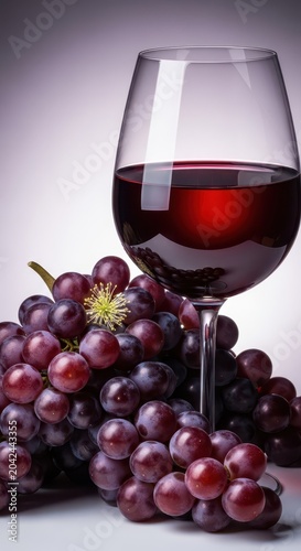 Bountiful harvest display showcasing ripe purple grapes beside a deeply colored glass of potent red wine, symbolizing abundance and quality, crop, liquid, yield