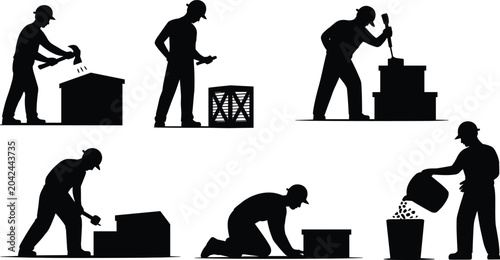 Obraz na płótnie Construction worker silhouette collection with industrial labor activities and m