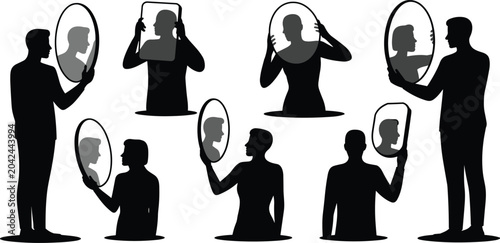 Bild auf Leinwand Human silhouettes holding mirrors with opposite gender reflections concept illus