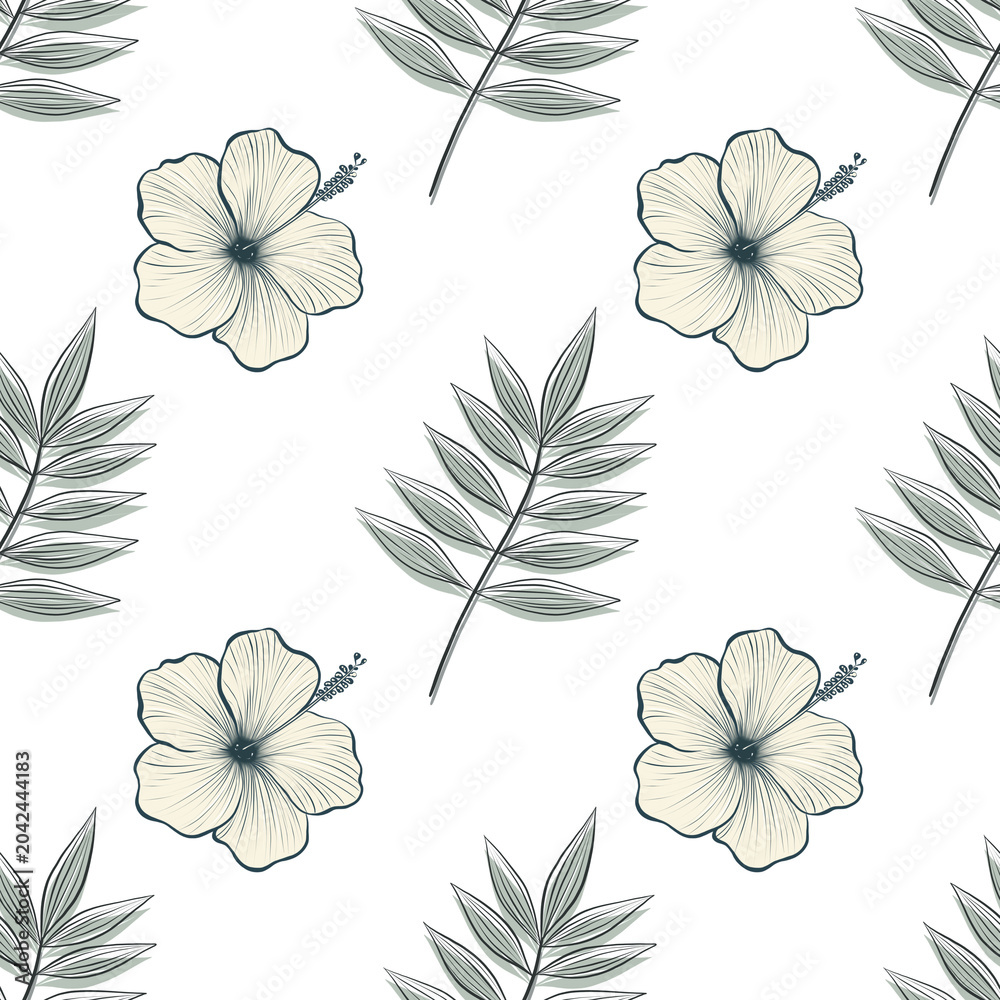 Obraz premium A tropical botanical seamless pattern, Tropical flowers and leaves in soft nude and retro tones, White flowers and green leaves