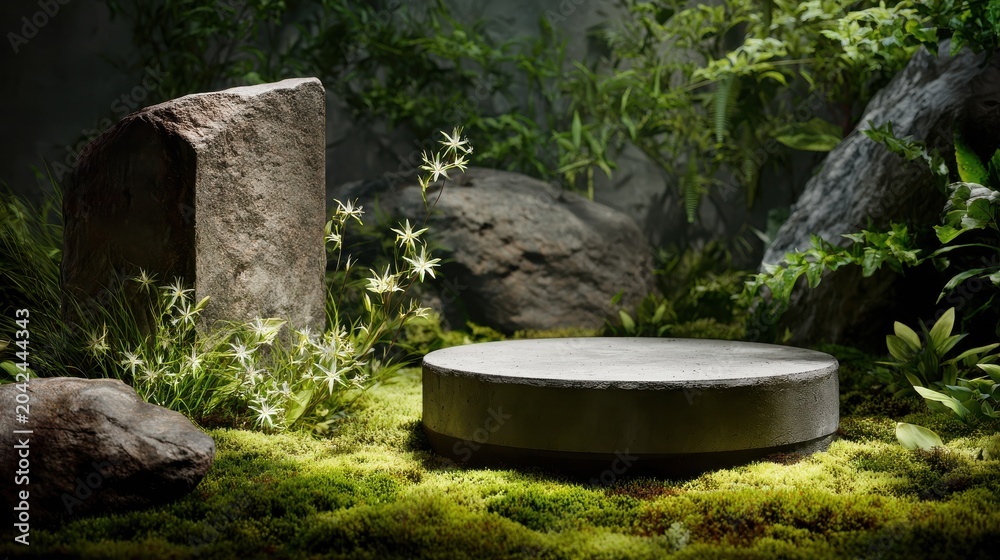 Fototapeta premium Round Stone Podium Platform on a Mossy Forest Floor with Small White Flowers and Dappled Sunlight