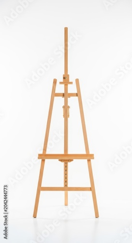 Professional art studio equipment, an empty wooden easel awaits creativity on a bright, isolated white background, copy, bright, creativity