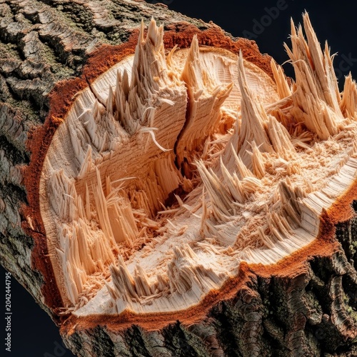 Splintered raw wood log harshly chopped with deep cuts and heavy tool marks, illustrating deforestation and resource exploitation, severe, coarse, exploitation
