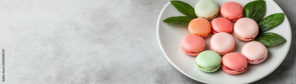 Fototapeta premium Pastel Macarons and Green Leaves on White Plate. Grey Textured Backdrop, Ample Copy Space. Elegant French Dessert., French Pastry, Sweet Treat