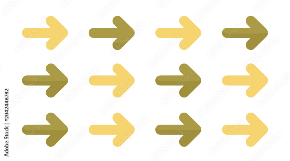 Fototapeta premium Collection of arrows pointing to the right in various shades of yellow