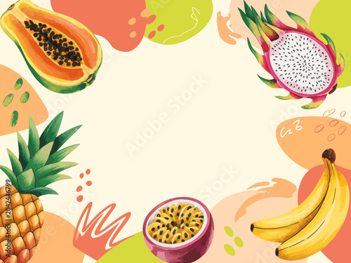 Colorful tropical fruit arrangement with abstract shapes and vibrant colors