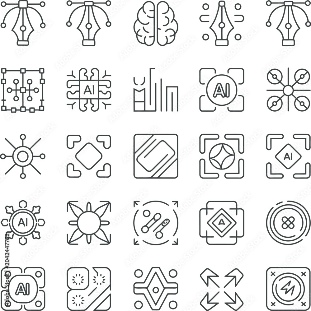 Fototapeta premium Graphic design and artificial intelligence icons, 25 vector line elements for digital art tools, AI technology and creative software symbols