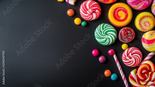 Top-down view of vibrant swirl lollipops and assorted sugar candies arranged on dark background, with ample copy space. A playful, sweet party concept. Confectionery, Dessert