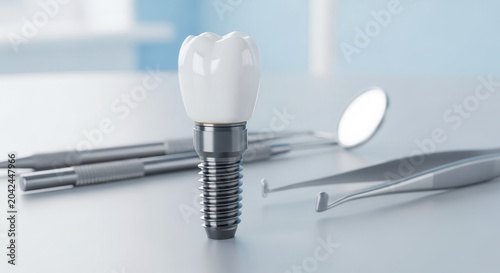 Dental implant model with white crown and titanium screw base, prosthetic dentistry and oral healthcare in clinical setting