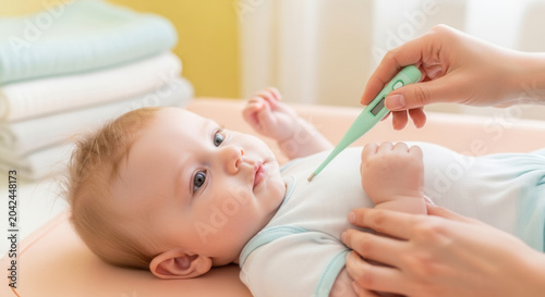 Caucasian infant lying on peach changing mat, female hand checking temperature with digital thermometer, baby health and parental care in nursery
