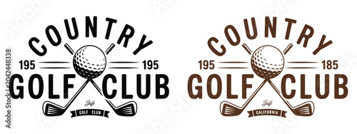 Quadro su tela Golf game retro sport emblem featuring golf clubs and ball in vintage logo style for tournament branding, recreation, and sports design