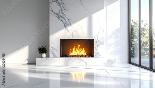 Modern white marble fireplace in minimal sunlit interior