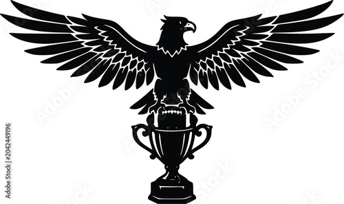 Quadro su tela Majestic black eagle with outstretched wings perched atop a prestigious award tr