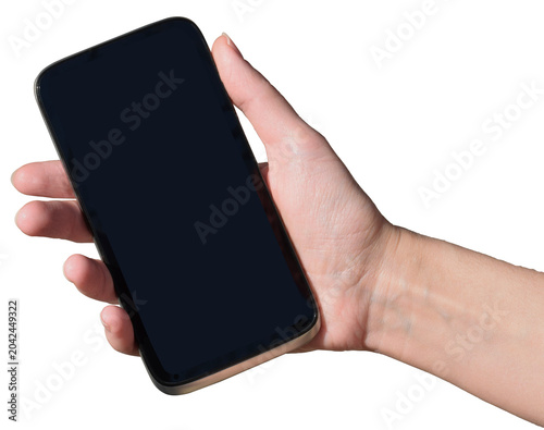 Mockup smartphone in female hand. Blank black touchscreen.Technology and communication concept. on transparent, png