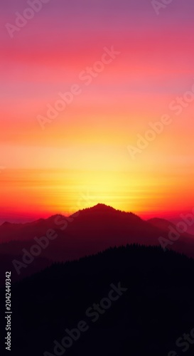 Vibrant sunset landscape with a dark, high-contrast silhouette of nature against the glowing expanse of the sky, outdoors, abstract, dawn