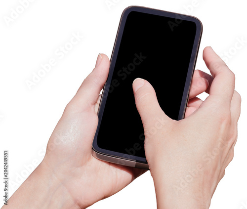 Girl Holding Smartphone With Blank Screen In Hand, on transparent, png. hand with black smartphone. communication