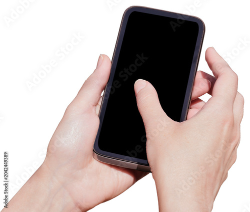 Girl Holding Smartphone With Blank Screen In Hand, on transparent, png. hand with black smartphone. communication
