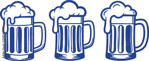 Three frothy beer mugs with foam illustration