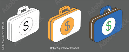 Isometric Business Briefcase with Dollar Sign Vector Icon Set