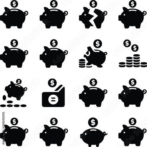 Piggy bank with dollar coins and money stacks savings
