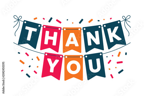 Festive 'thank you' banner illustration with confetti for appreciation and gratitude concepts