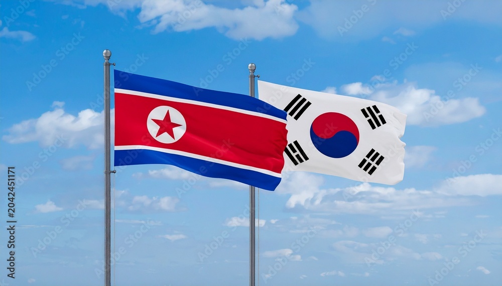 Naklejka premium North Korea and South Korea flags side by side, symbolizing shared history, cultural ties, and political division.