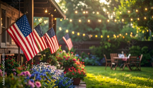 Festive garden patio with American pennant flags, string lights, and flowers, symbolizing patriotic celebration and community gathering.