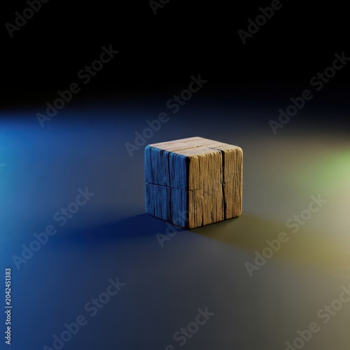 A solitary, worn wooden block sits alone on a vast, dark surface, emphasizing feelings of isolation and a short, sad experience, texture, lonely, shadow