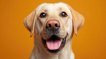 A happy dog with a pink tongue and floppy ears looks directly at the camera on an orange background.