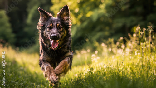 A dog runs quickly through a sunny meadow with trees in the background