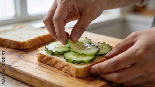 Hands preparing fresh cucumber sandwich on wooden cutting board in bright home kitchen Closeup food preparation scene featuring sliced cucumber layered on bread with cheese Person cutting pickles use